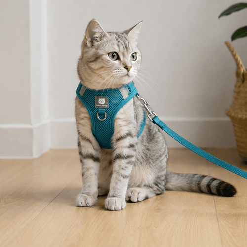 Cat wearing a blue harness and leash on a wooden floor.