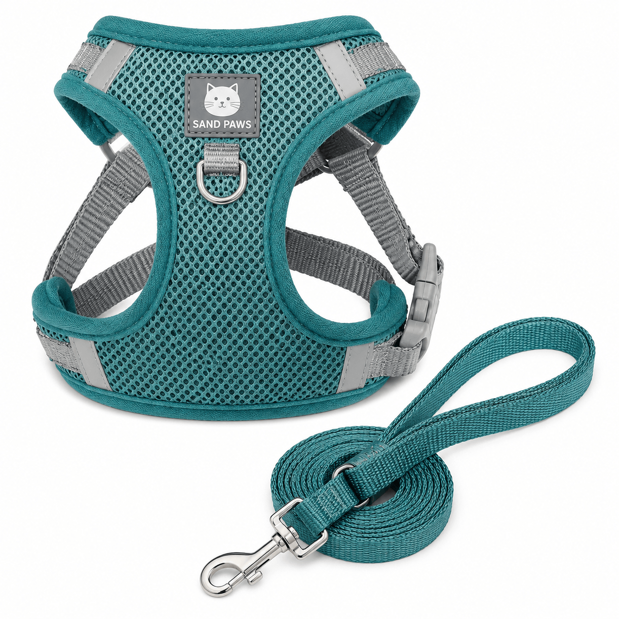 Teal cat harness and leash set with 'Sand Paws' branding on a white background