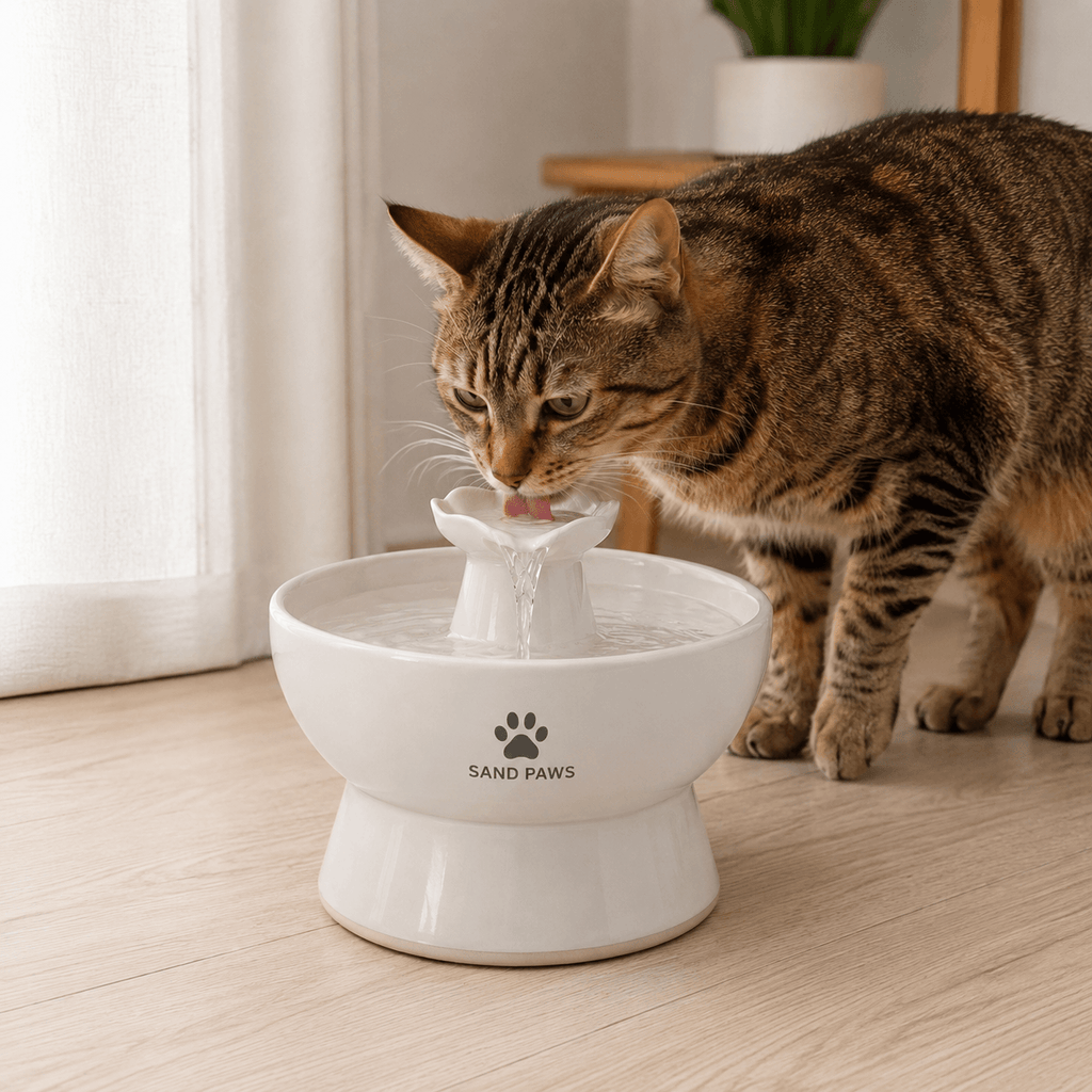 Cat drinking from a Sand Paws water fountain on a wooden floor.