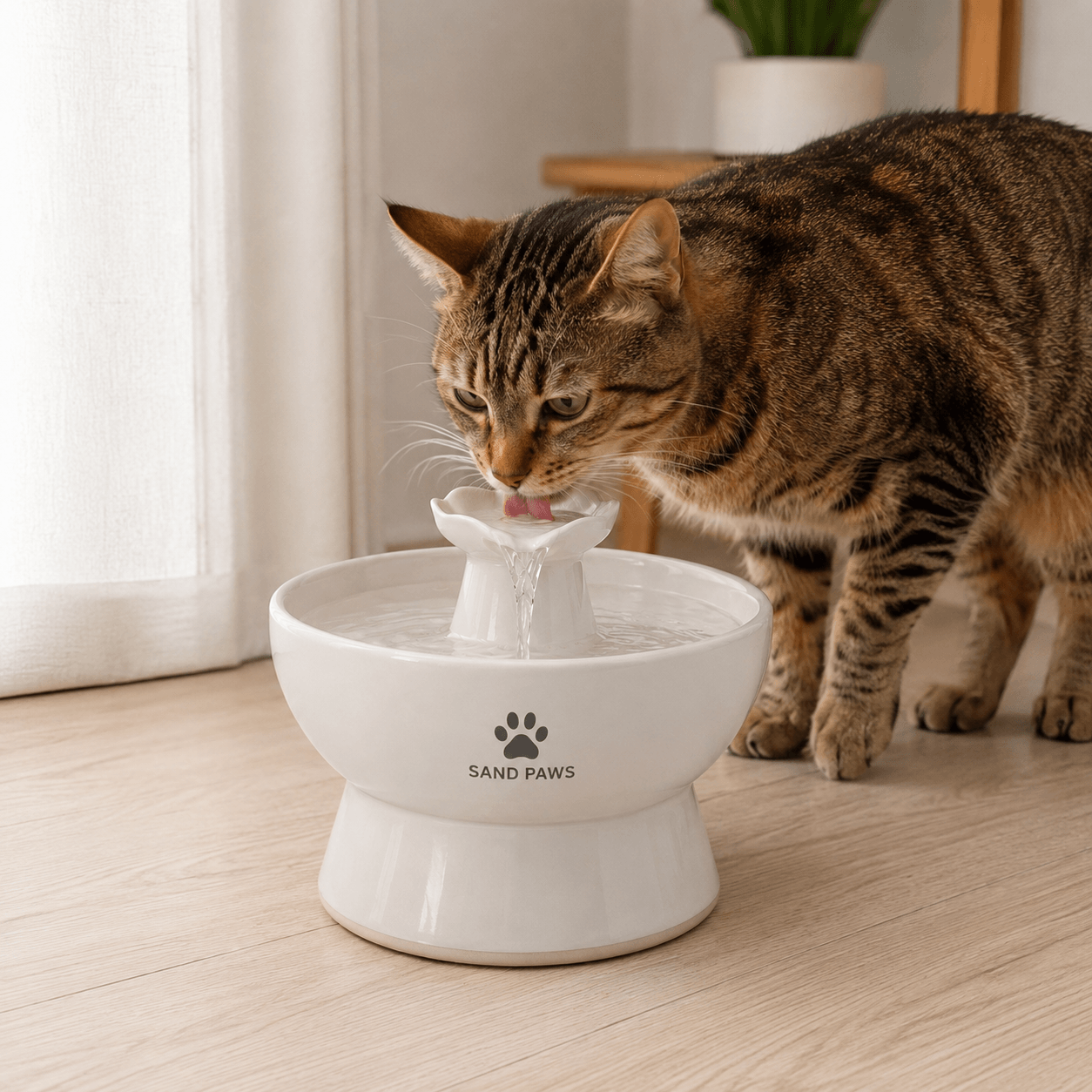 Cat drinking from a Sand Paws water fountain on a wooden floor.