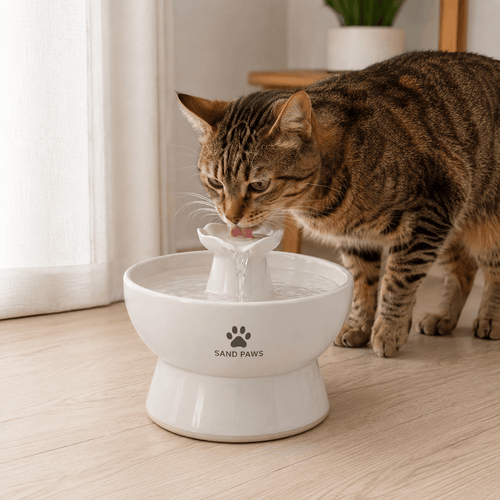Cat drinking from a Sand Paws water fountain on a wooden floor.