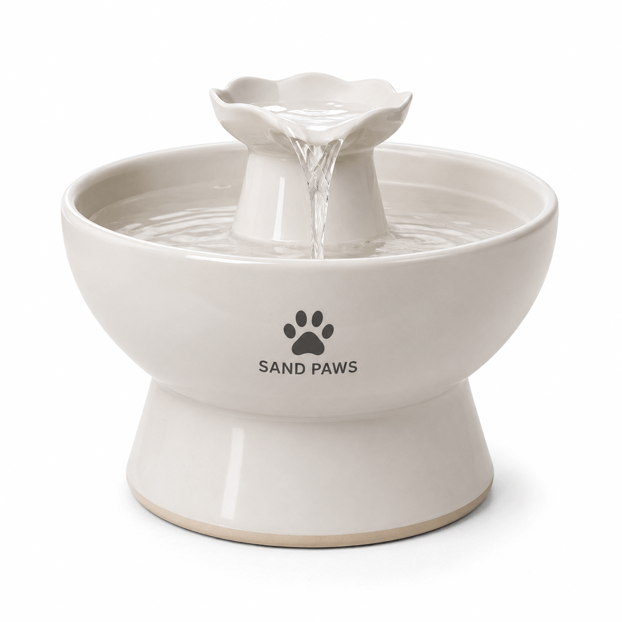 White pet water fountain with 'Sand Paws' branding on a white background