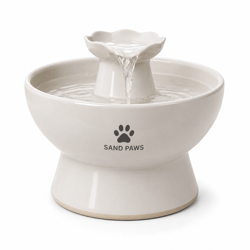 White pet water fountain with 'Sand Paws' branding on a white background