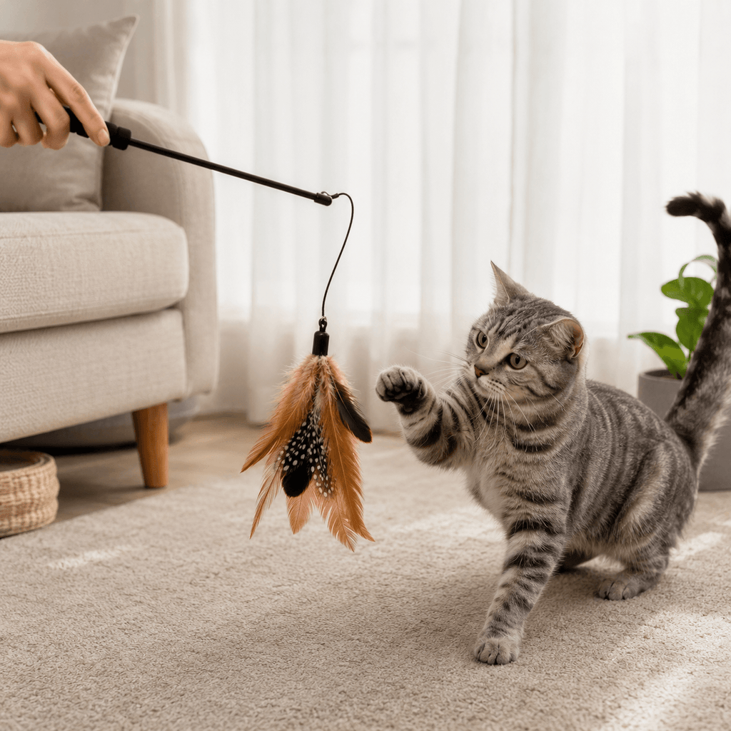Cat playing with a feather toy held by a person in a living room.