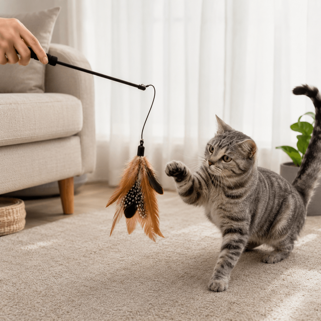 Cat playing with a feather toy held by a person in a living room.