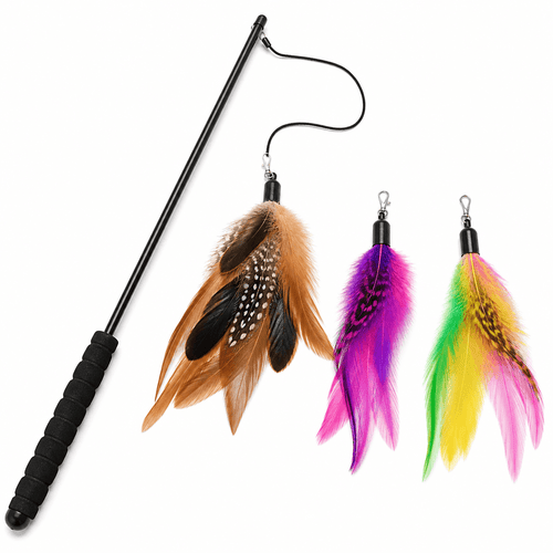 Cat toy with a black wand and colorful feather attachments on a white background