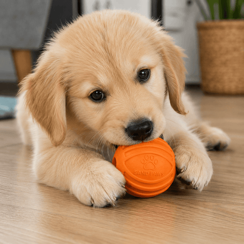 Puppy playing with an orange ball on a wooden floor