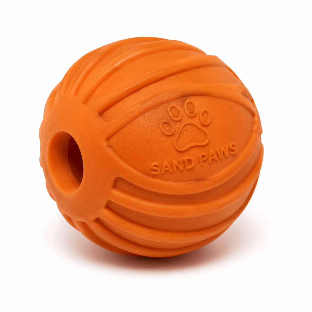 Orange rubber ball with 'Sand Paws' branding on a white background