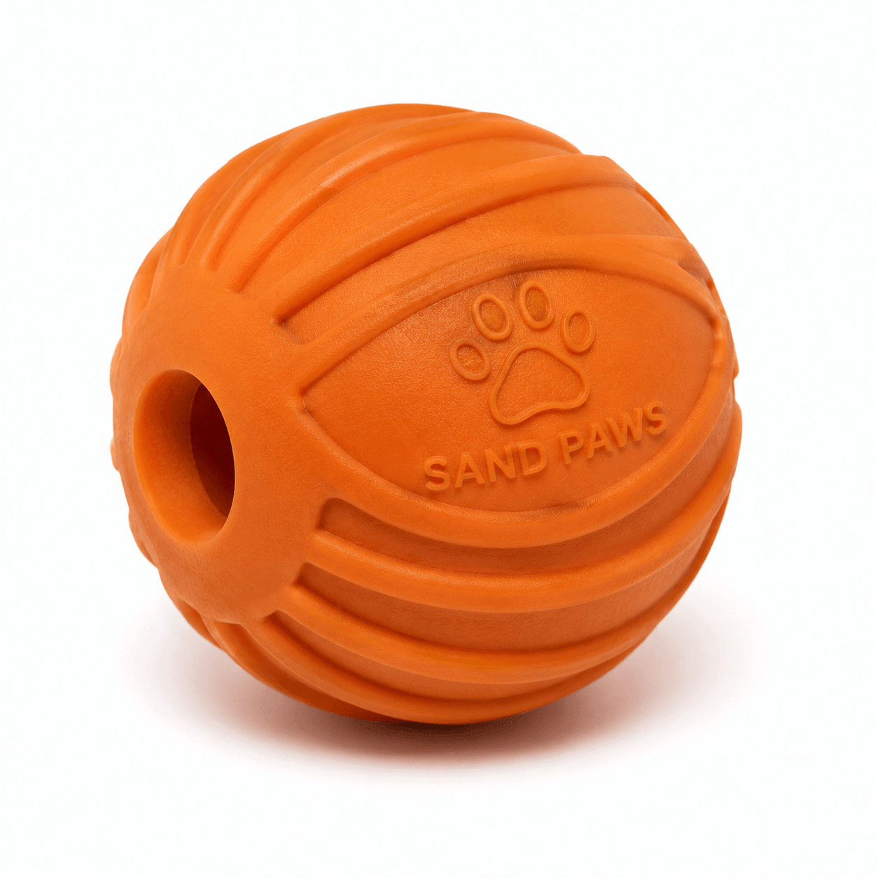 Orange rubber ball with 'Sand Paws' branding on a white background