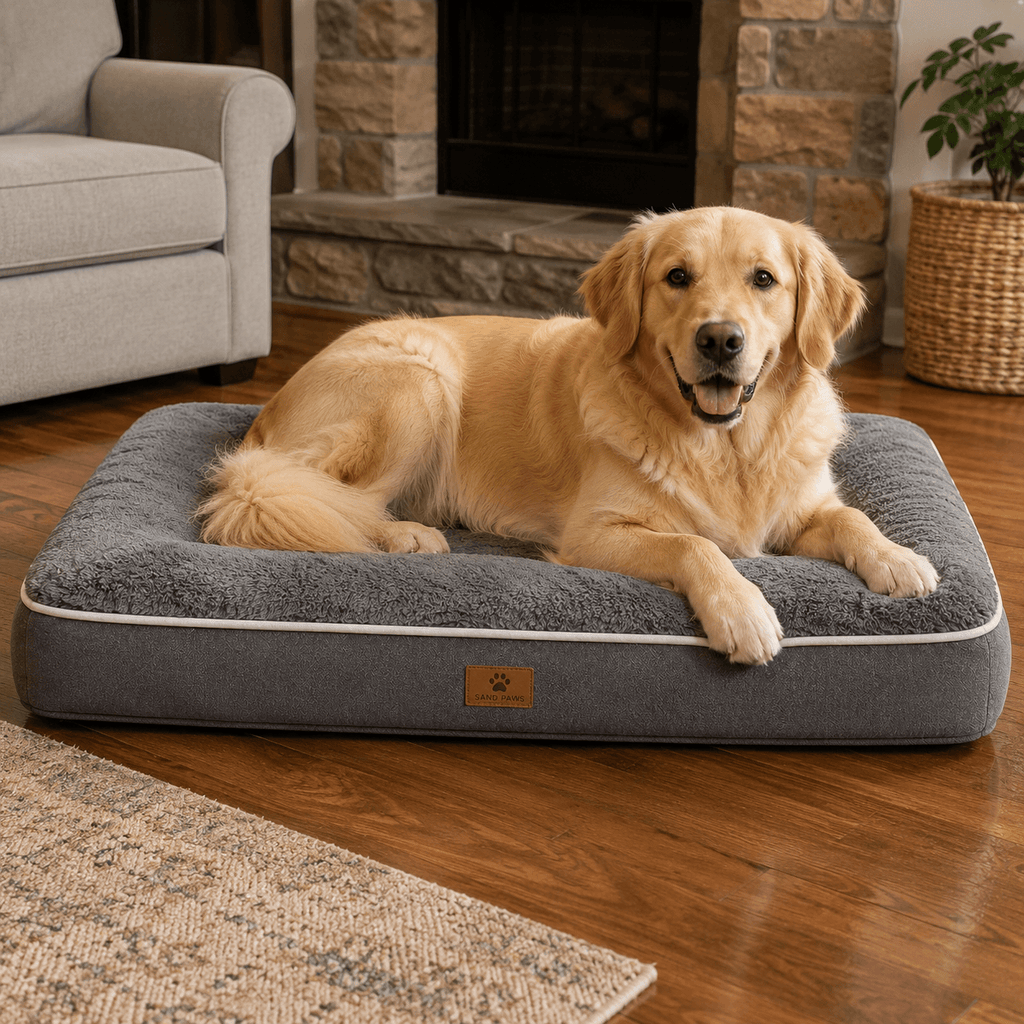 Dog lying on a gray pet bed in a cozy living room.