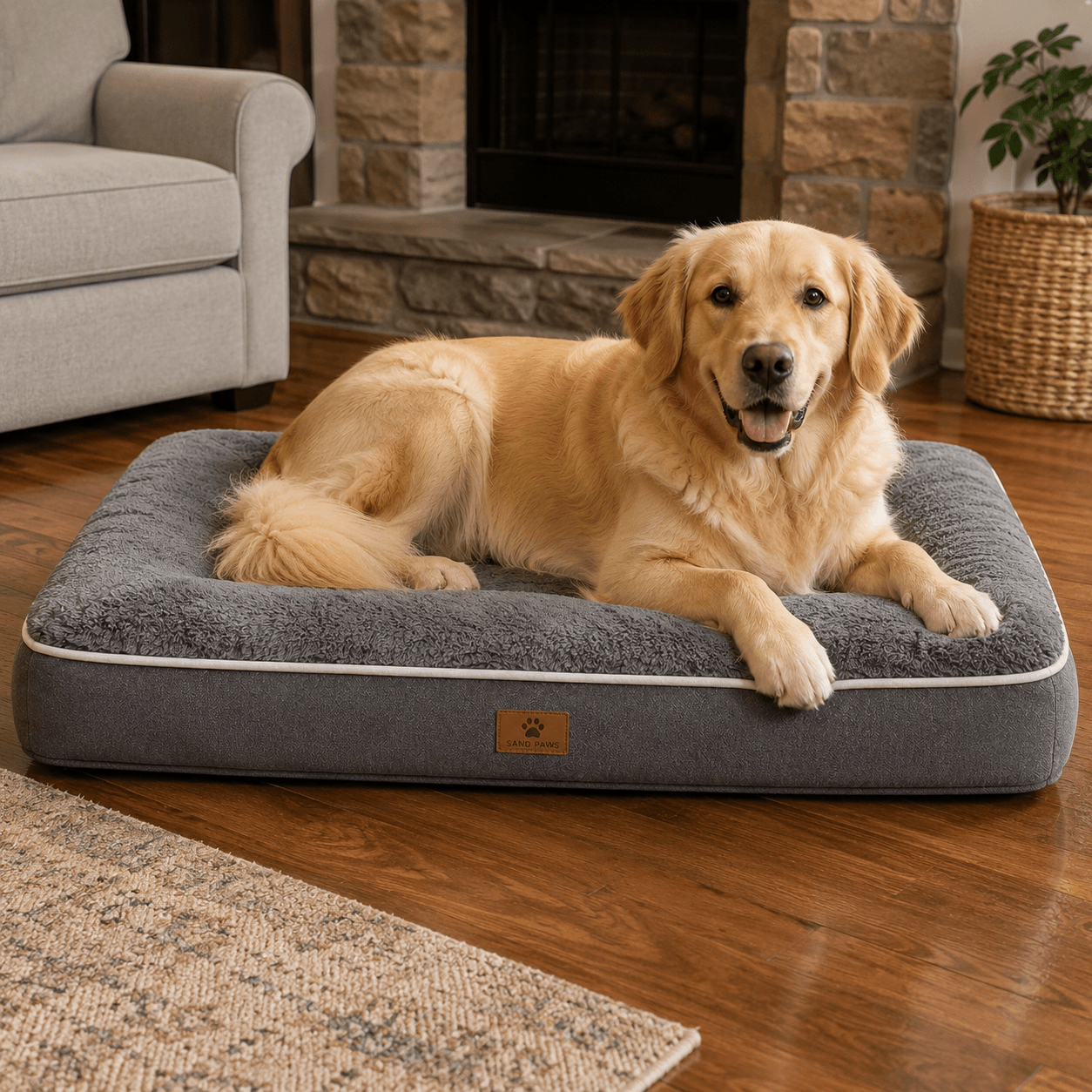 Dog lying on a gray pet bed in a cozy living room.