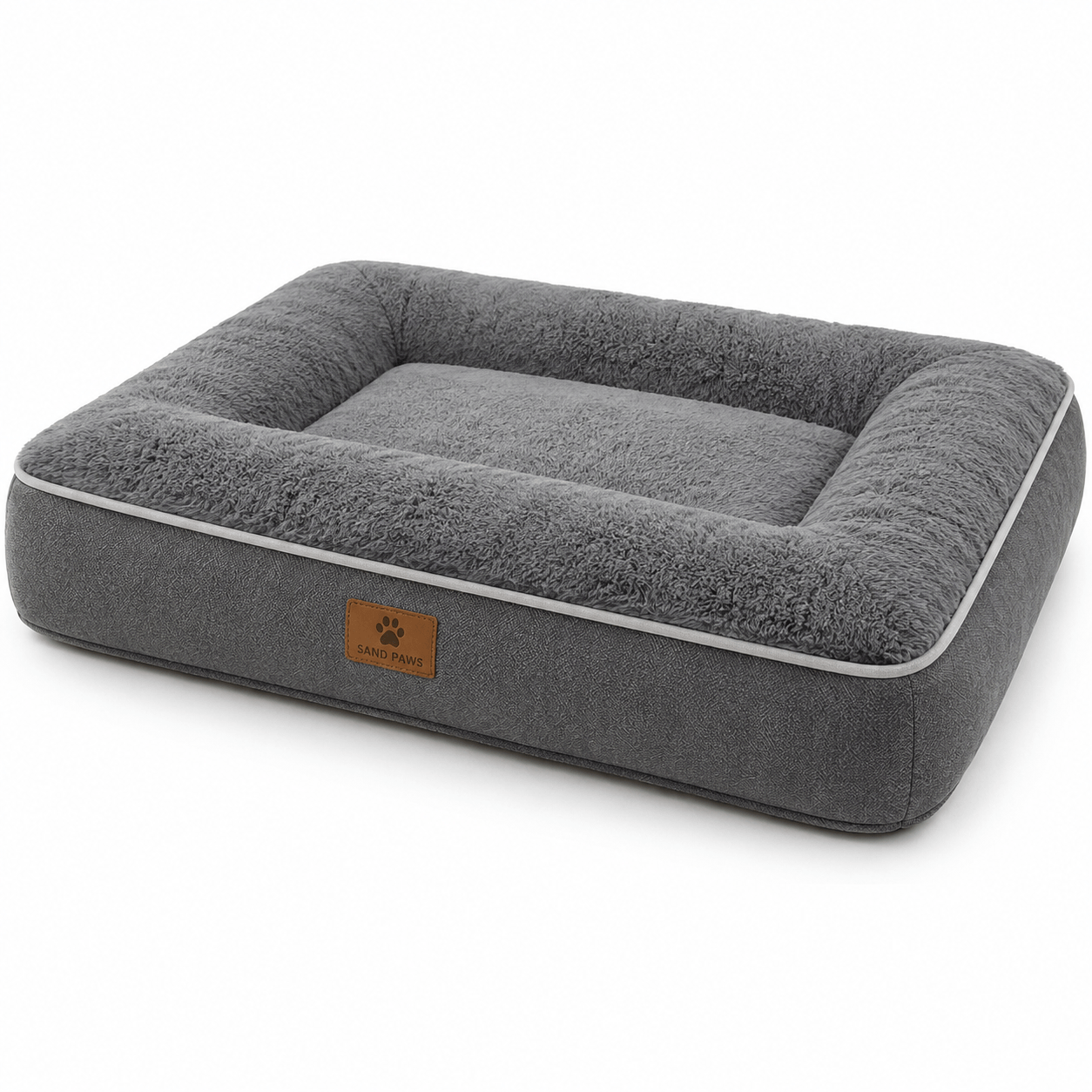 Gray pet bed with a brand label on a white background