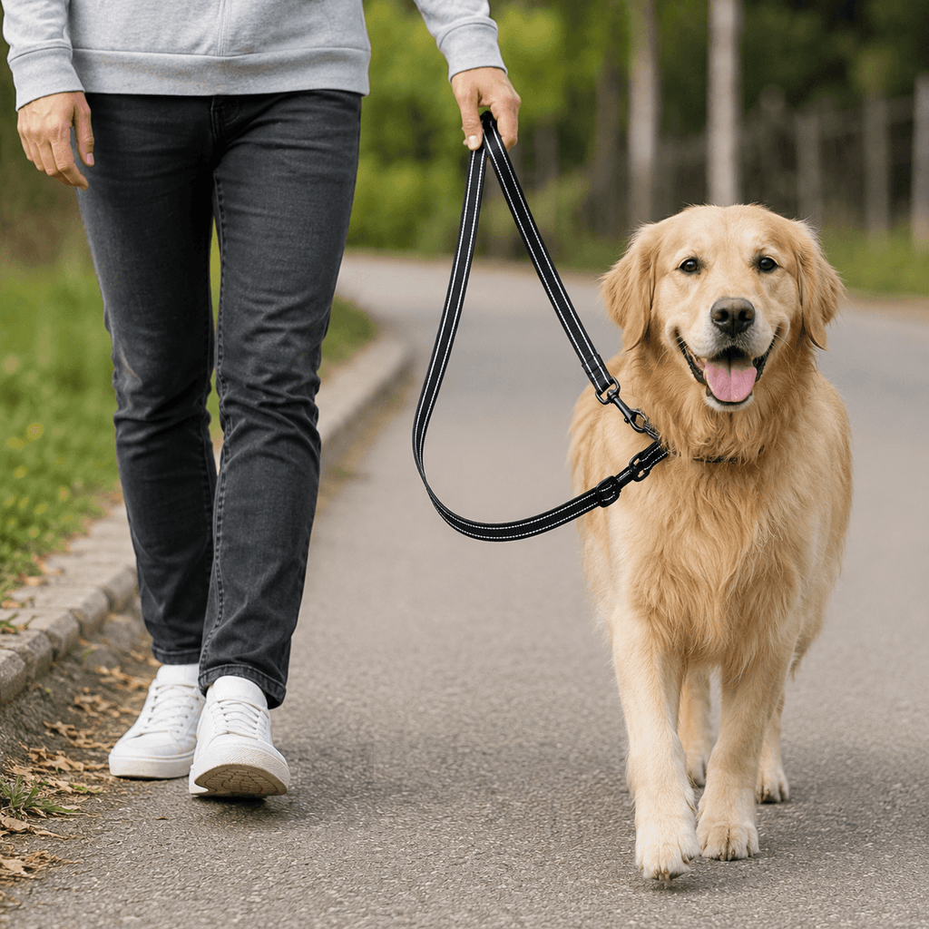 Person walking a golden retriever on a leash in a park