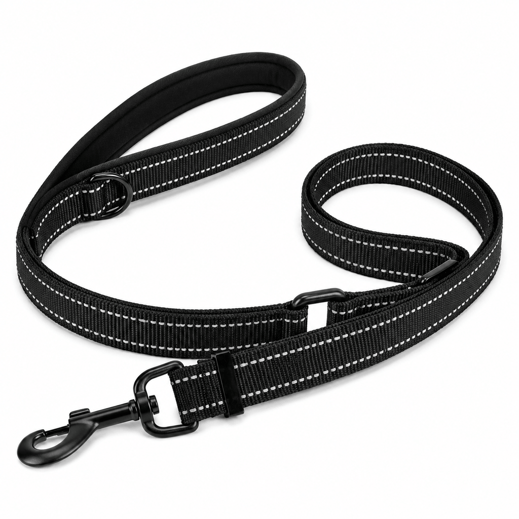 Black dog leash with reflective stripes on a white background