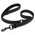 Black dog leash with reflective stripes on a white background