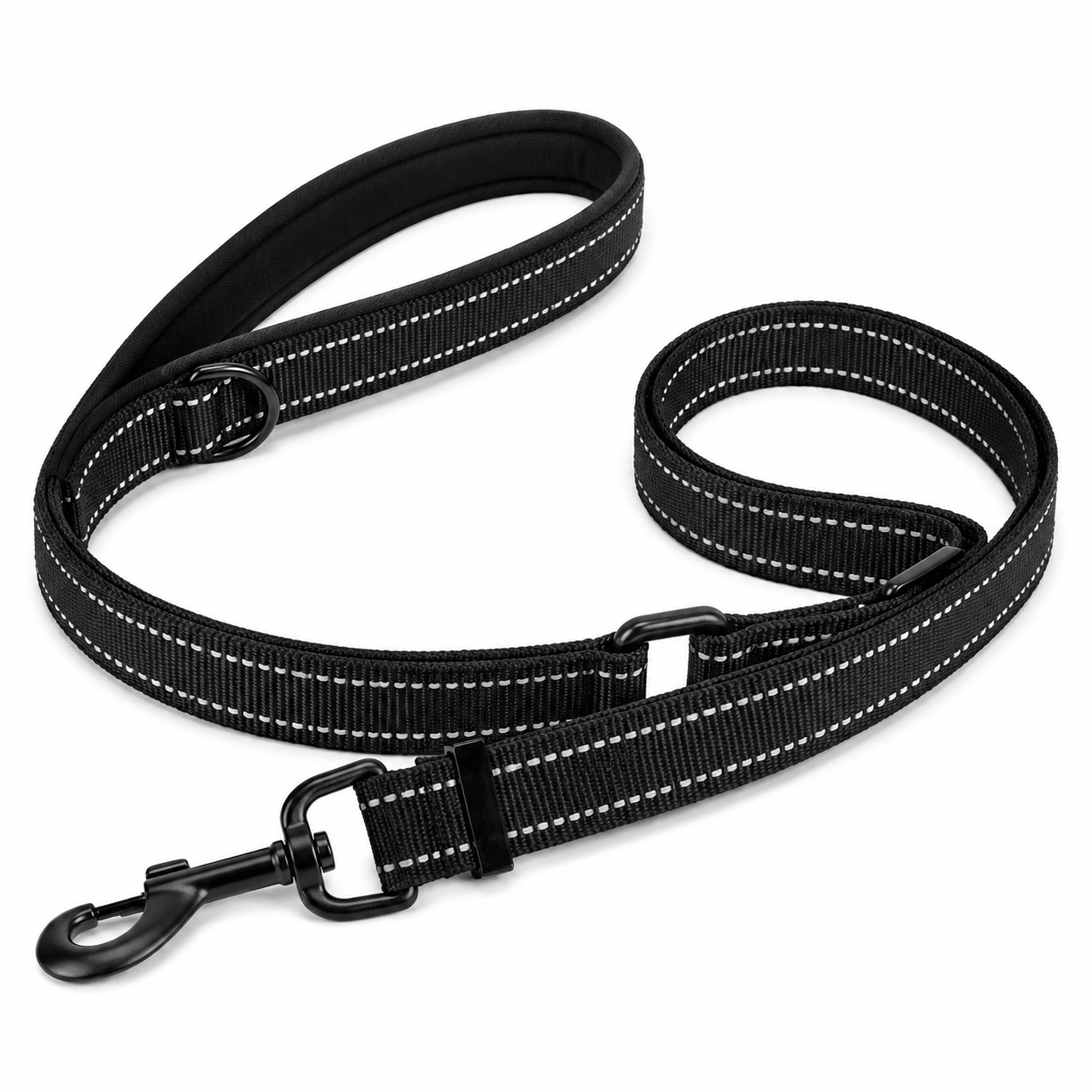 Black dog leash with reflective stripes on a white background