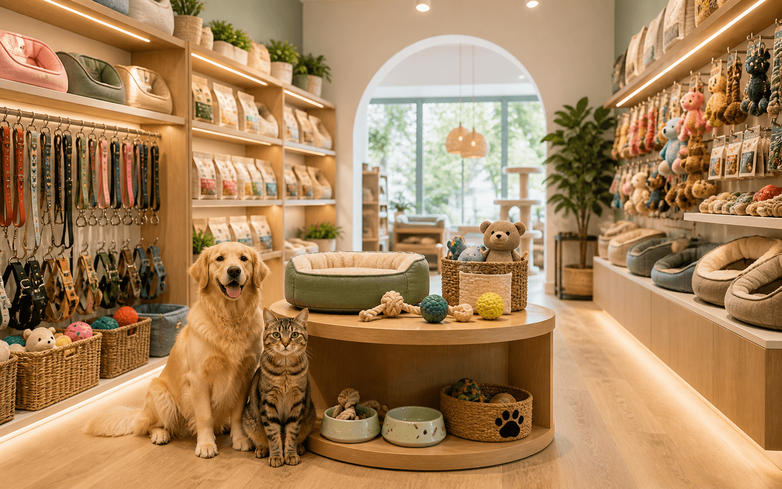 Pet store interior with a dog and cat sitting on a wooden floor.