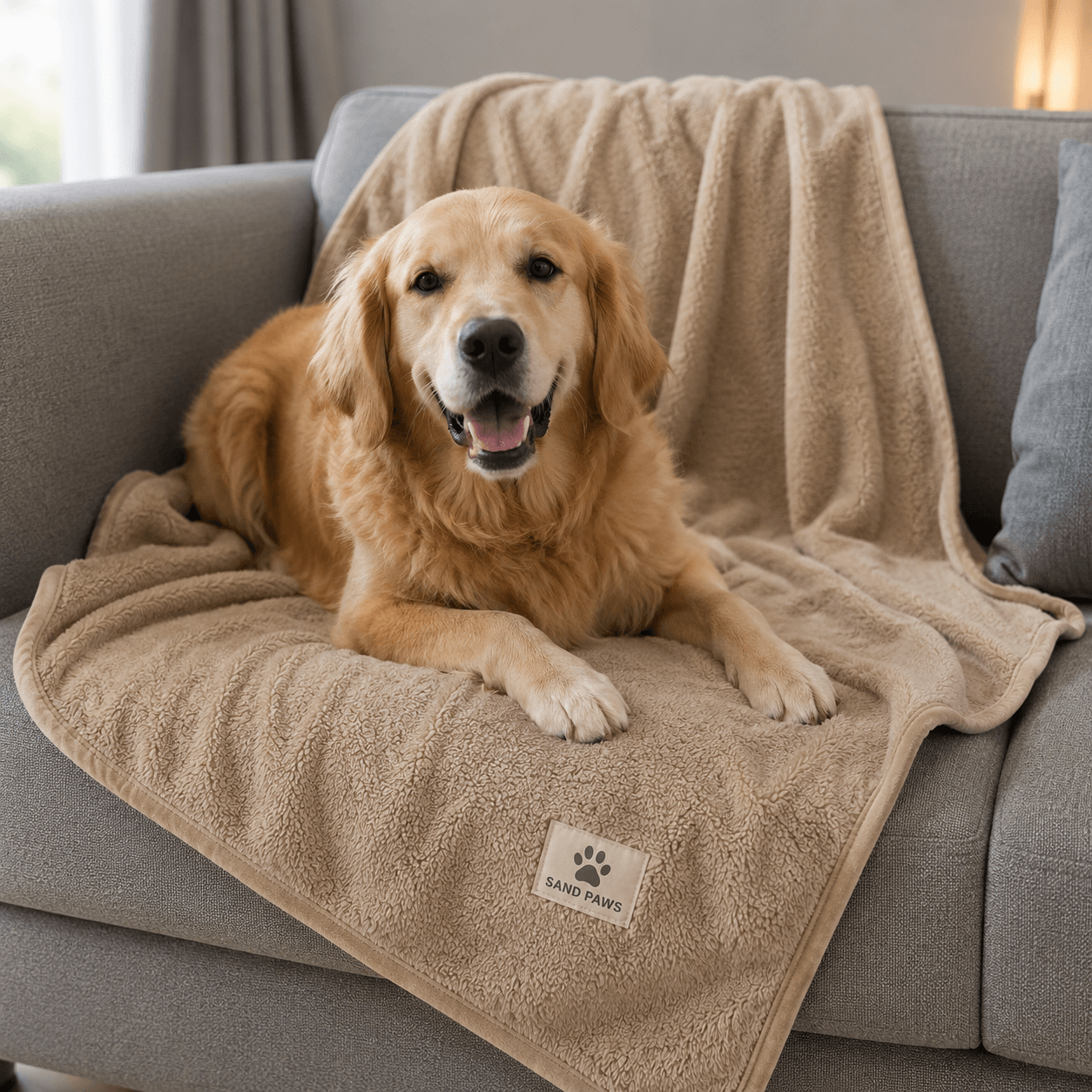 Dog lying on a beige blanket with a visible brand logo on a gray couch.