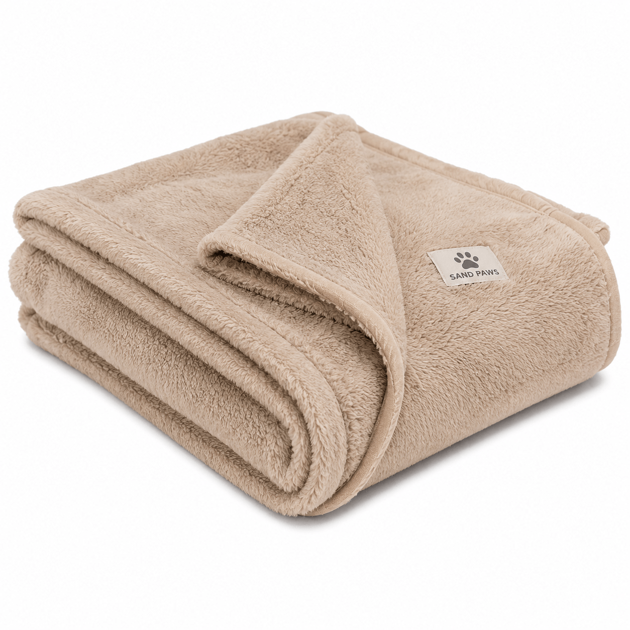 Folded beige blanket with a brand logo on a white background