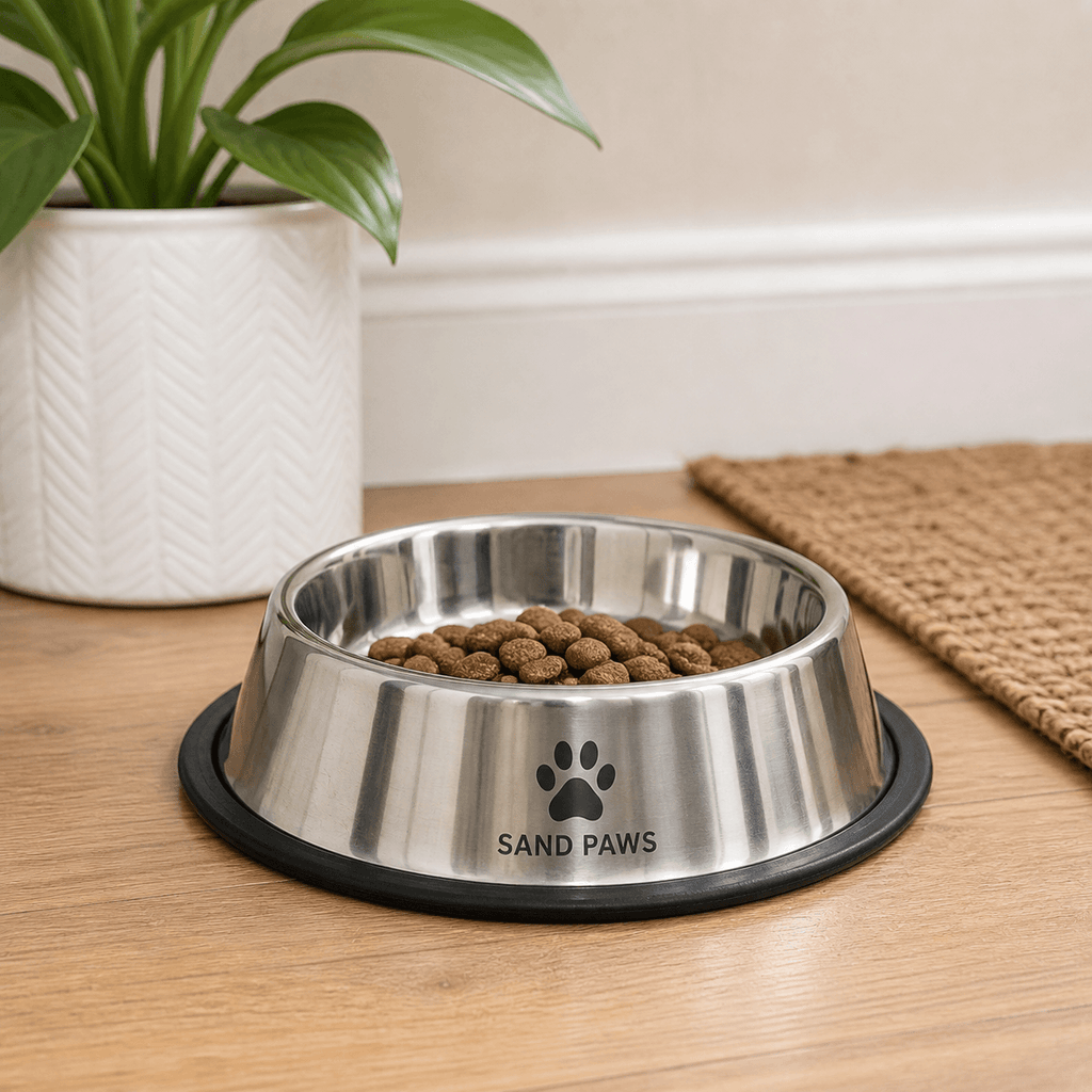Stainless steel dog bowl with pet food on a wooden surface, featuring 'Sand Paws' branding.