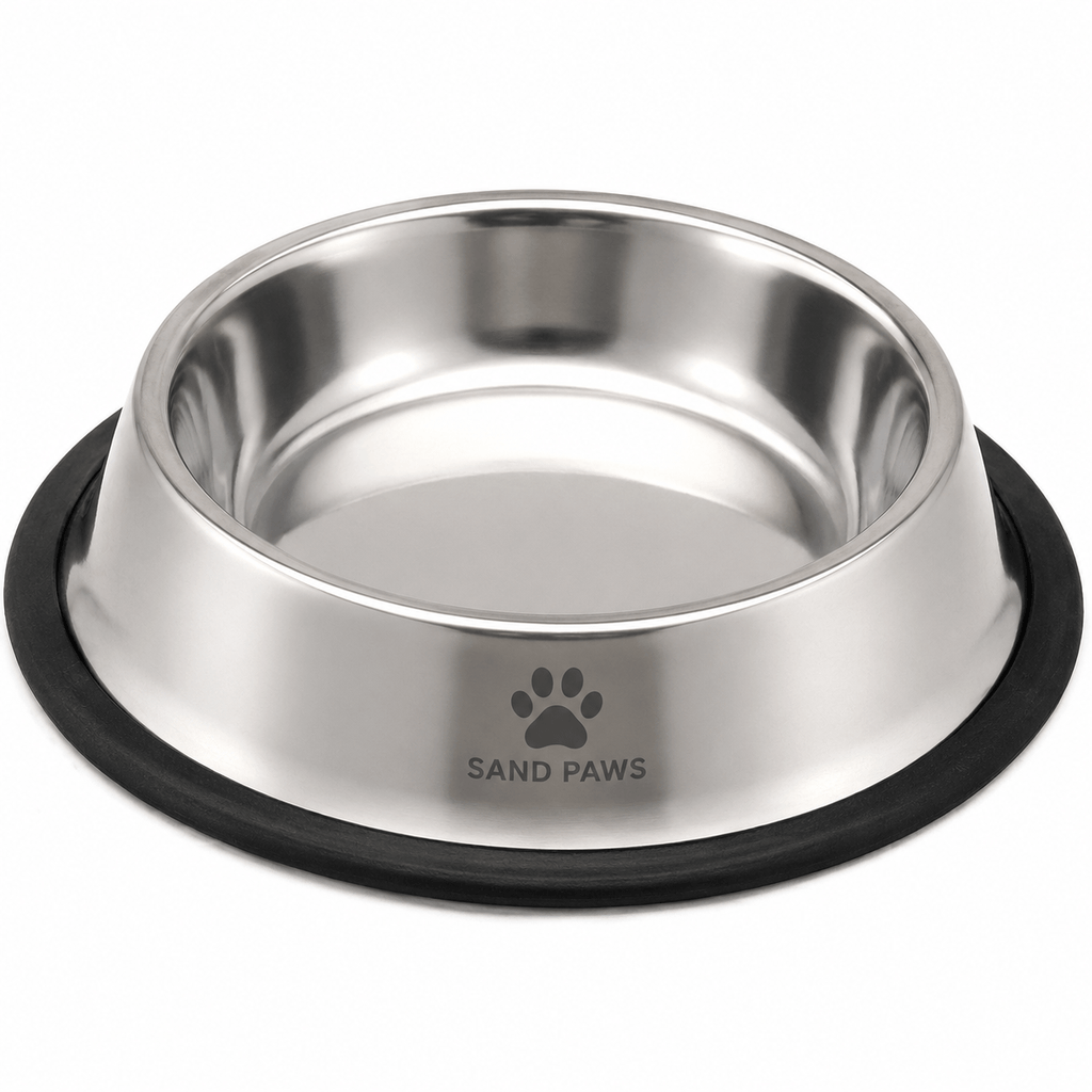 Stainless steel dog bowl with black rubber base on a white background