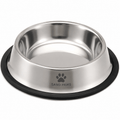 Stainless steel dog bowl with black rubber base on a white background