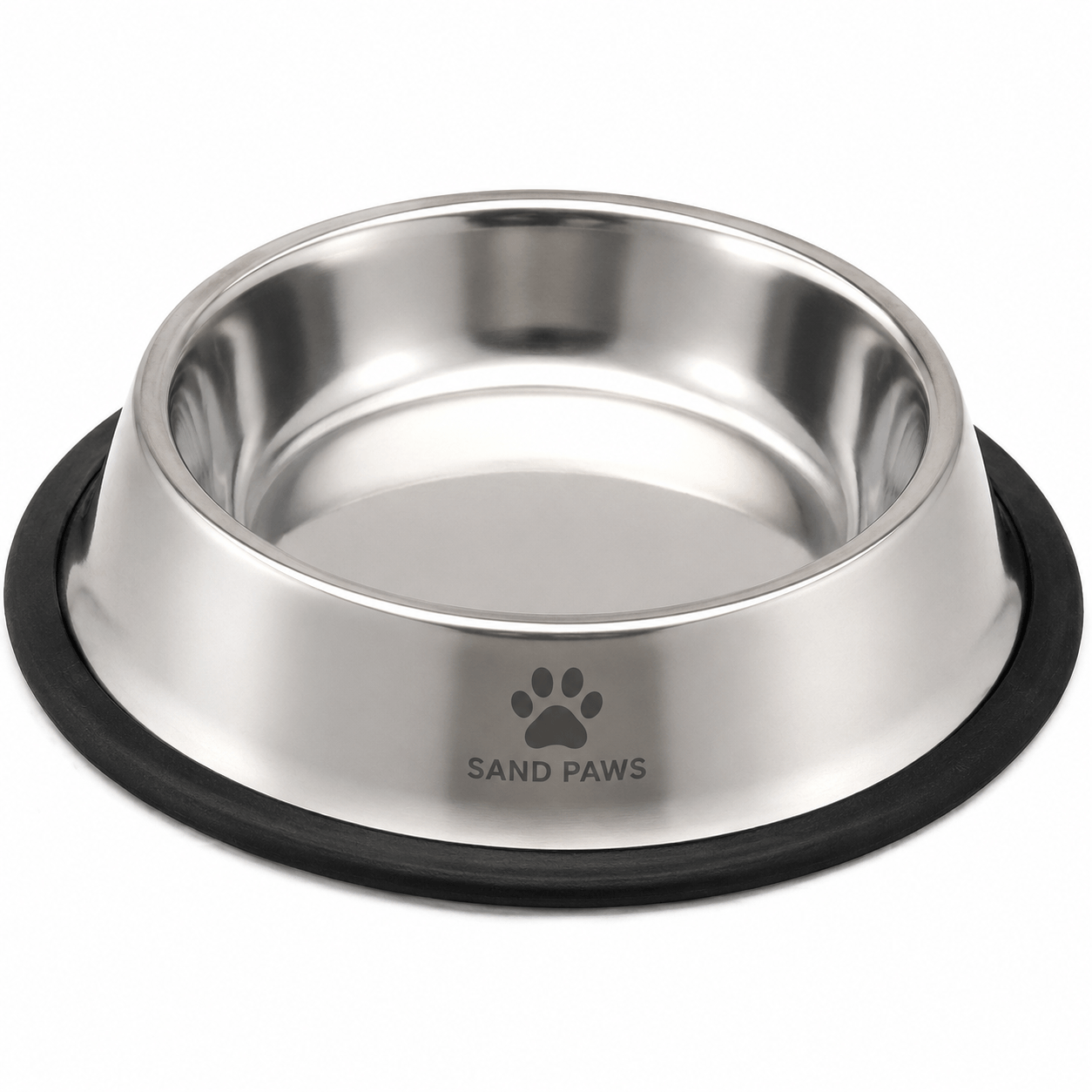 Stainless steel dog bowl with black rubber base on a white background